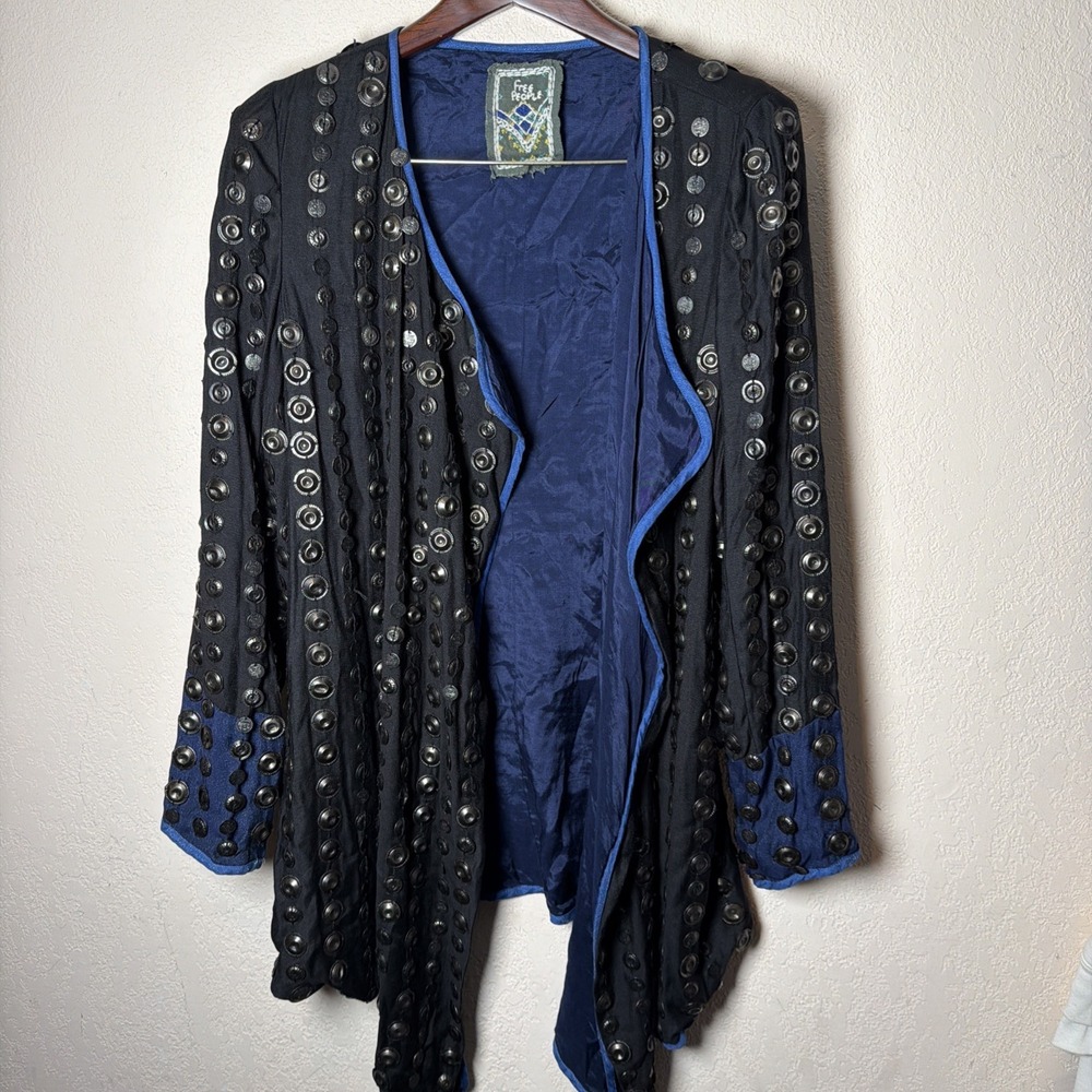 Free People Crossed Coins Embellished Blazer Jacket Black Blue M $700 Retail